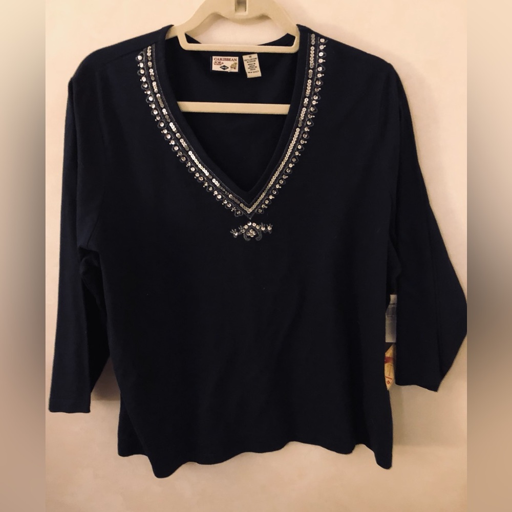 Caribbean Joe Resort Life Tee with Silver Sequins, New With Tags